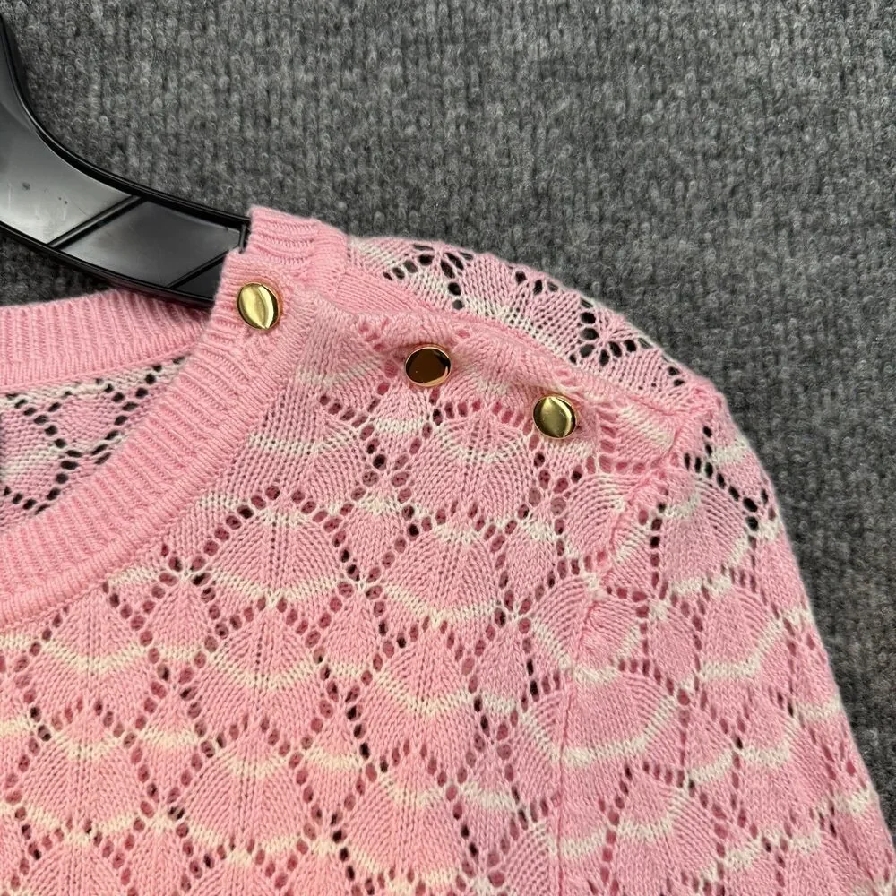 Lands End Sweater Womens S Pink Crew Neck Open Knit Soft Girl Casual Preppy Boho
